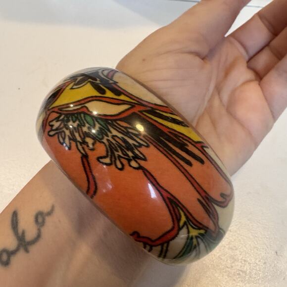 Vintage Orange Floral Wide Resin- Acrylic Chunky Bangle Bracelet Boho Funky - Picture 6 of 6